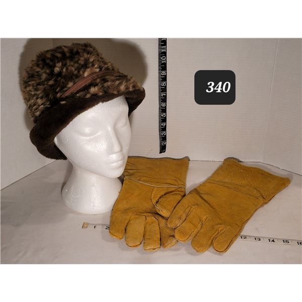 Vintage faux fur winter hat with ear flaps & heavy leather gloves.