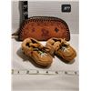 Image 1 : Leather, hand tooled case for glasses & soft leather beaded toddler moccasins.