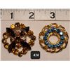 Image 1 : Vintage rhinestone pins. Blue zircon colour & citrine,smokey quartz iridescent.