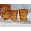 Image 6 : Marigold carnival glass water pitcher and 4 glasses - Grape pattern