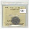 Image 1 : 1937 ICCS graded, Canadian 5 cent coin - VF20