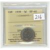 Image 1 : 1939 ICCS graded, Canadian 5 cent coin - EF40