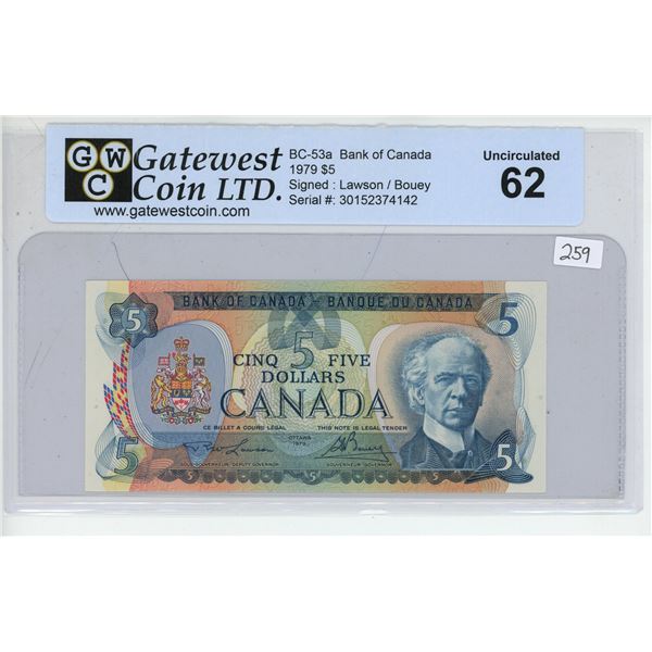 1979 GWC Graded Canadian 5 Dollar Bill Lawson Bouey 30152374142 1979-gwc-graded-canadian-5-dollar-bill-lawson-bouey-30152374142