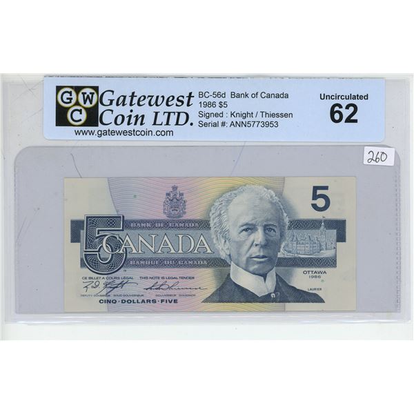 1986 GWC Graded Canadian 5 Dollar Bill Knight Thiessen ANN 5773953 1986-gwc-graded-canadian-5-dollar-bill-knight-thiessen-ann-5773953