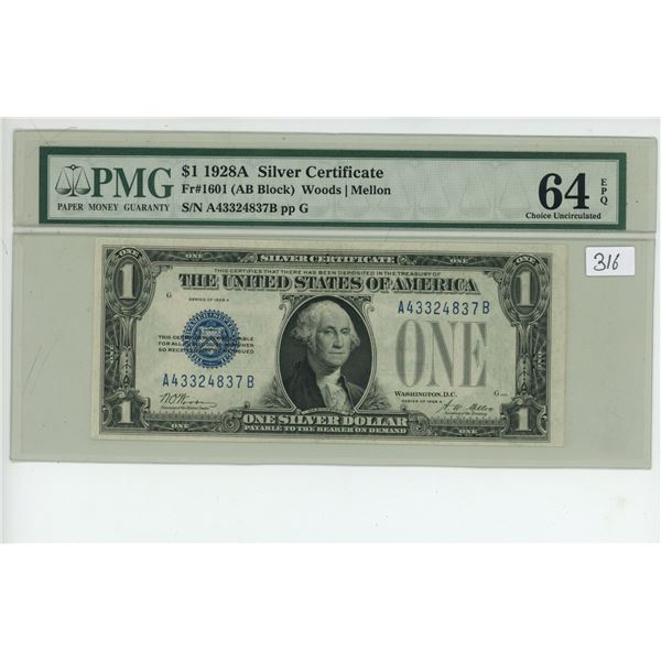 1928A PMG graded US silver certificate 1 dollar bill Woods/Mellon 1928A PMG graded US silver certificate 1 dollar bill Woods/Mellon