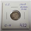 Image 1 : U.S. 1911D Barber Silver Dime. G-4.