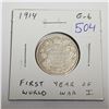 Image 1 : 1914 Silver 25 Cents. Issued the first year of World War I. G-6.
