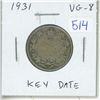 Image 1 : 1931 Silver 25 Cents. Key Date. Mintage of 537,815. VG-8.