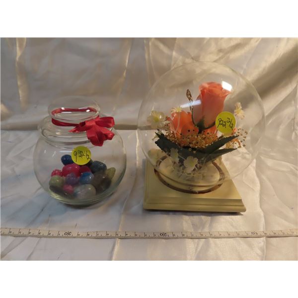 Fake flower glass gift and one round clear glass jar with marbles