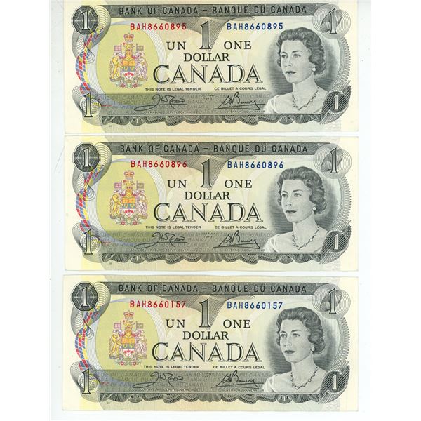 3 - 1973 Canadian 1 dollar bills - 2 are consecutive - 1 has same prefix - BAH 8660895-96 & BAH 8660