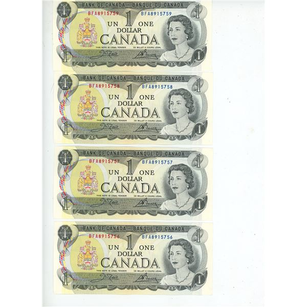 4 - 1973 Canadian 1 dollar bills - Consecutive #'s - Crow/Bouey - BFA 8915756-59