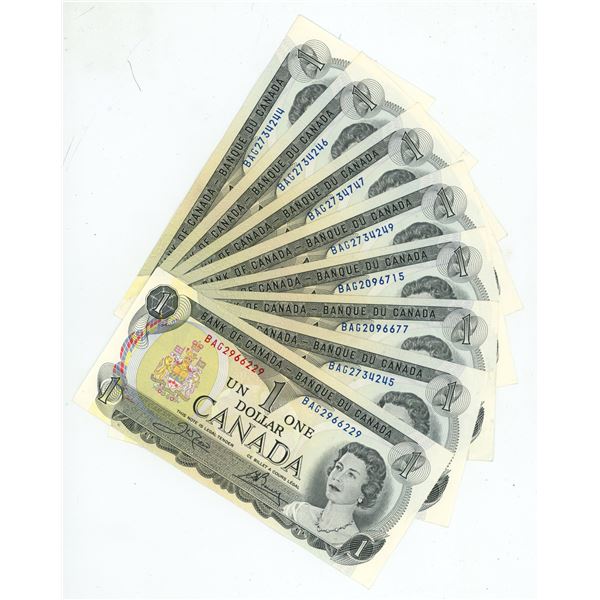 8 - 1973 Canadian 1 dollar bills - Crow/Bouey - Same prefixes  BAG  - different serial #'s