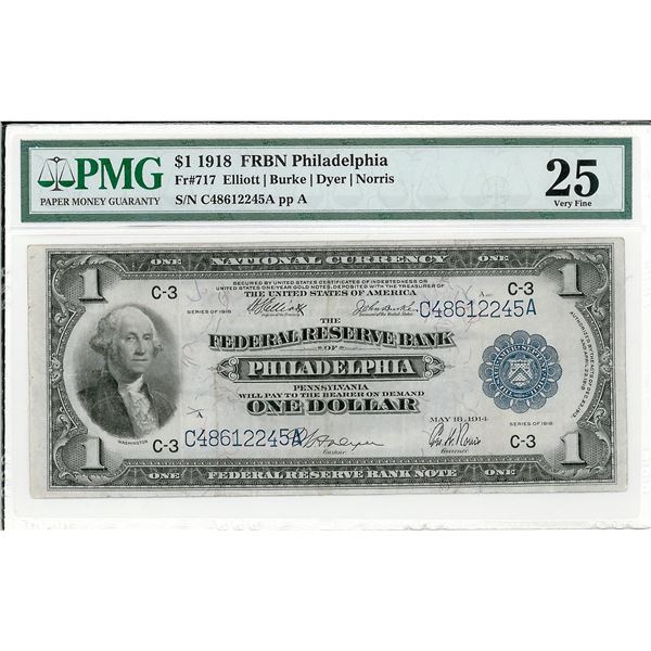 1918 $1 FRBN Federal Reserve Bank Note Philadephia PMG 25 Very Fine