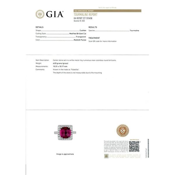 14k White Gold 5.6 ctw GIA Cushion Rubellite Tourmaline Diamond Halo Cocktail Ri