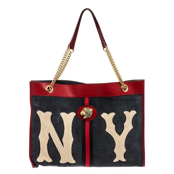 Gucci Navy Red Suede Leather Large NY Yankees Rajah Chain Tote Bag