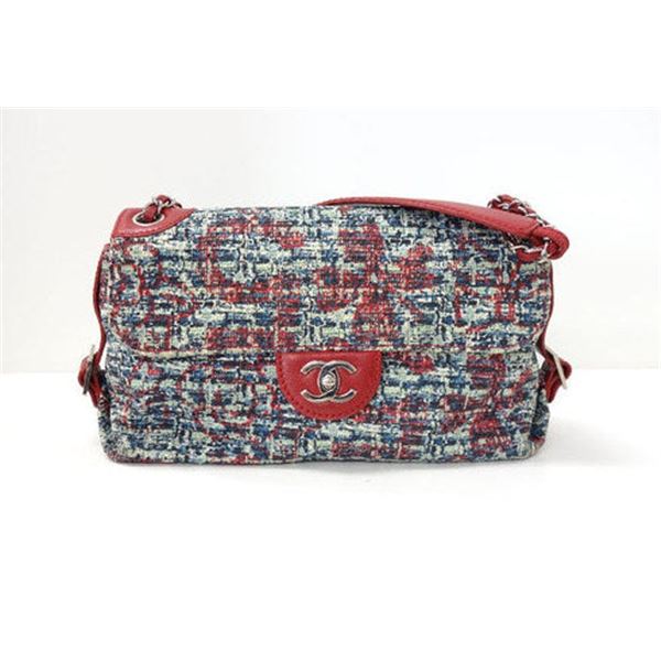 Chanel Red Leather Blue Multicolor Tweed Shoulder Bag