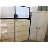 Image 1 : 2 BEIGE FOUR DRAWER LATERAL FILING CABINETS, 1 GREY METAL 72' H STATIONERY CUPBOARD 4X3' WHITE BOARD