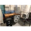 Image 1 : DESK, PEDESTAL, FILE CABINET, PLASTIC STORAGE UNITS AND 2 CHAIRS