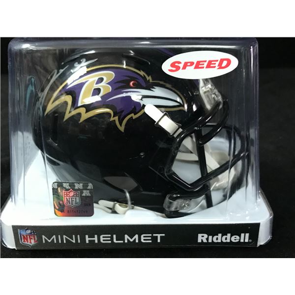 RAY LEWIS SIGNED BALTIMORE RAVENS MINI HELMET (BECKETT COA)