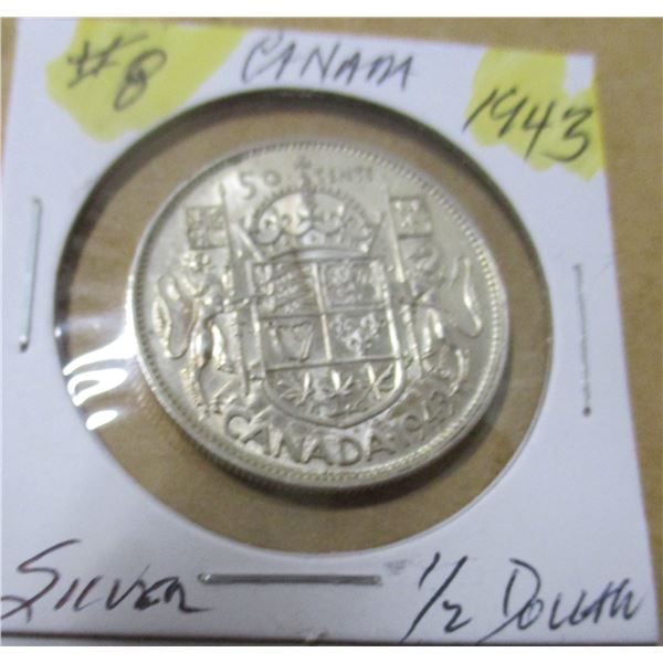 1943 CANADA KING GEORGE VI SILVER HALF DOLLAR