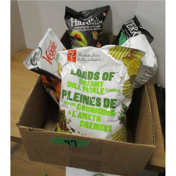 SHELF PULLS (AS IS):  BOX C/W 5 BAGS OF ASSORTED CHIPS
