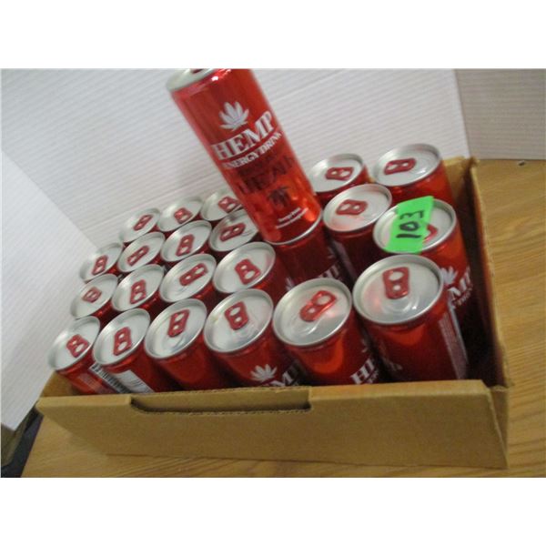SHELF PULLS (AS IS):  RASPBERRY HEMP ENERGY DRINK (APPROX. 23 CANS) - BOX