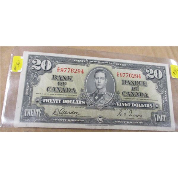 1937 BANK OF CANADA KING GEORGE VI LEGAL TENDER $20 BILL
