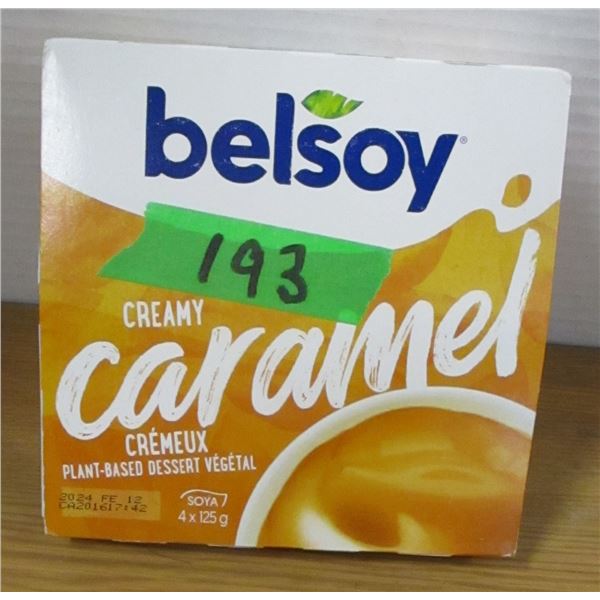 SHELF PULLS (AS IS):  BELSOY CARAMEL PUDDING (4)