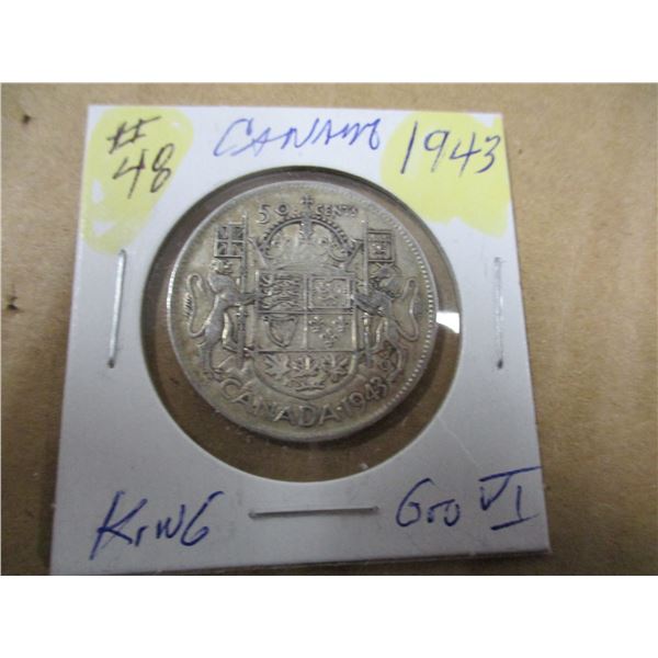 1943 CANADA KING GEORGE VI SILVER HALF DOLLAR
