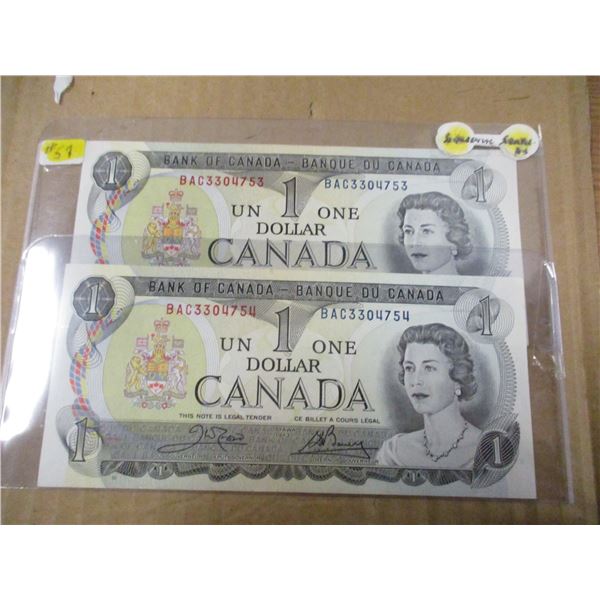 1973 CRISP UNCIRCULATED CANADA $1 (SEQUENTIAL SERIAL NUMBERS)