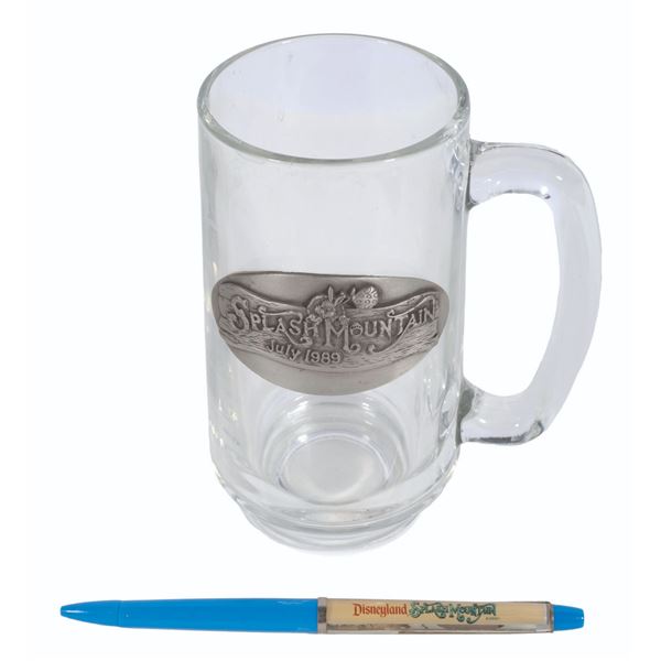 A Splash Mountain Opening Glass Mug and Pen.