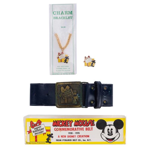 A Mickey's 50th Pin, Bracelet, and Belt Buckle.