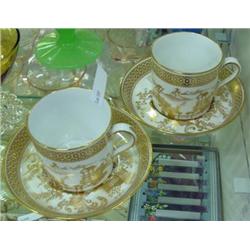 2 Spode Cups And Saucers, Signed And Numbered With Gold Oriental Design On White Porcelain