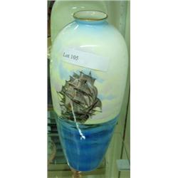 Seven Inch Noritake Vase, Hand Painted Over Transfer Sailing Ship Design