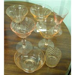 Pink Depression - Five Stemware Pieces, Custard And A Toothpick Holder