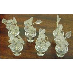 Set Of Six Czech Place Card Holders - Glass Flowers In Pots - In Original Box