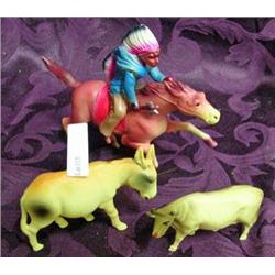 Three Celluloid Toys - Indian Warrior On Horse, Cow And Donkey