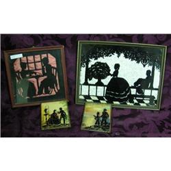 Lot Of Four Silhouettes - Silver Foil Background (convex Glass), Pink Fabric Background And 2 Revers