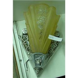 Deco Wall Sconce - Metal Scrolled Fixture With Draped Fan Shape Amber Shade