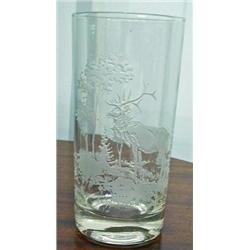 Set Of 6 Heavily Etched Water Glasses Depicting A Stag In Forest