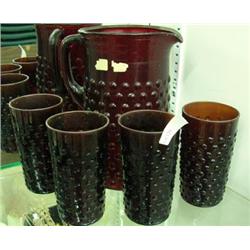 Ruby Hobnail Water Pitcher And 4 Glasses