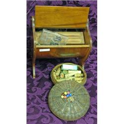 Woven Sewing Basket, Wooden Sewing Box And Contents