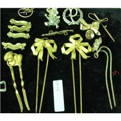 Lot Of 4 Old Decorative Hair Pins, Figural Pins And Shamrock ' Bebe' Pins