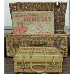 Vintage Picnic Basket And Lustreware Picnic Set In Box