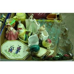 Lot Of Three Glass Creamers, 4 Juice Glasses, 3 Lady Vases, Bird Figures, Etc.