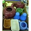 Image 1 : Lot Of Misc. Kitchen Pottery - 3 Teapots, Blue Shaker Set, Etc.