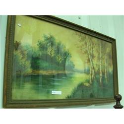 Framed Watercolor Of A Stream At Sunset