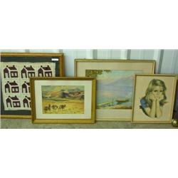 Lot Of 4 Framed Art Works - 9 Patch Log Cabin Quilt Square, Mule Train Print, Watercolor Lake Scene 