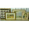 Image 1 : Lot Of 4 Framed Art Works - 9 Patch Log Cabin Quilt Square, Mule Train Print, Watercolor Lake Scene 
