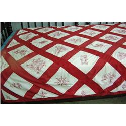 Red And White Friendship Quilt Top With Blanket Backing, Embroidered Squares, Ca 1907